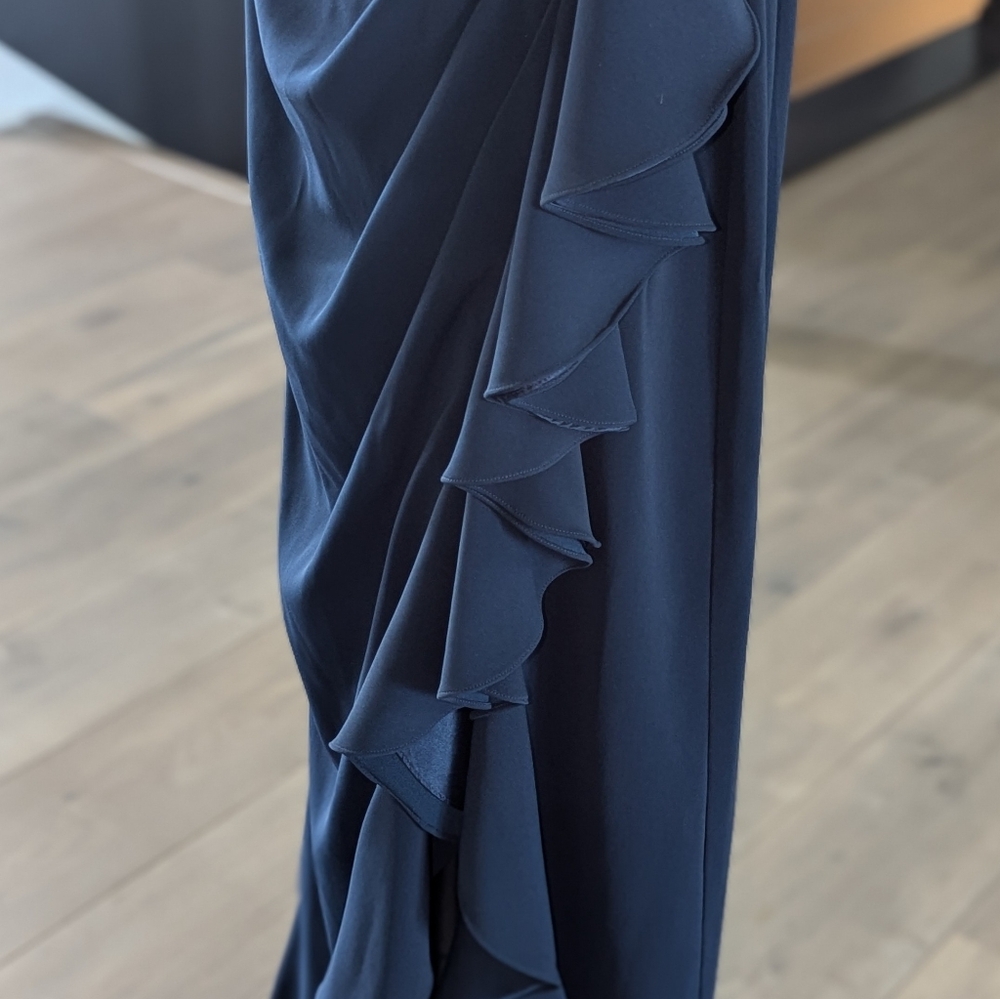Badgley Mischka Navy Blue Strapless Sequins Ruffle Long Gown Dress Size 12 - Picture 5 of 16